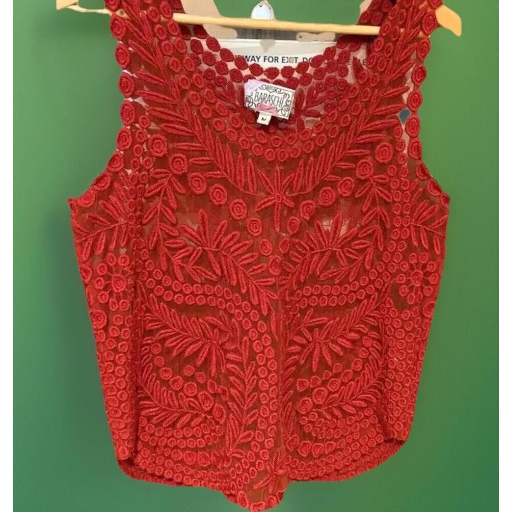 Baraschi Anthropologie Top Womens Medium Nylon Floral Embroidered Pullover sheer